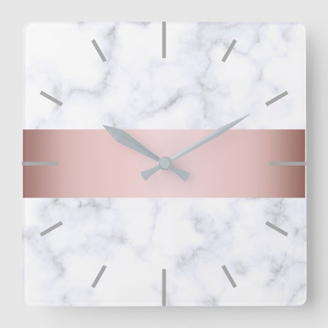 Horloge Carrée élégante bande rose en marbre blanc (Recto)