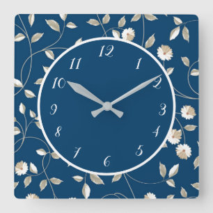 Horloge Carrée Elégante Bleu Blancs Fleurs Féminines Floral