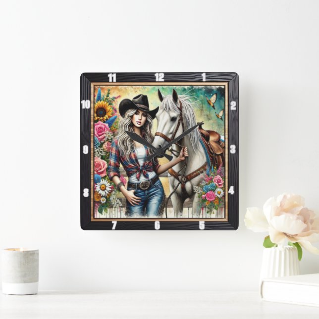 Horloge Carrée Élégante Cowgirl Poster Avec Beau Cheval Blanc (Maison)
