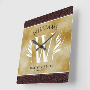 Horloge Carrée Elégante feuille de cuir et papier Vintage Nom de