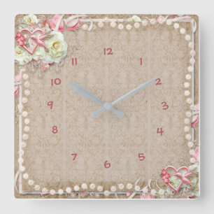 Horloge Carrée Elégante perle de rose blanche de colibri Vintage