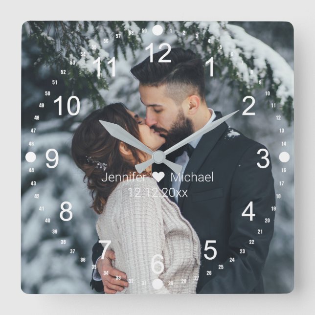 Horloge Carrée élégante photo de mariage blanc classiques (Recto)
