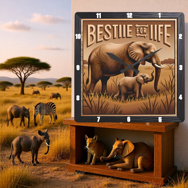 Horloge Carrée Élément gravé éléphant mère bébé herbe haute (Créateur téléchargé)