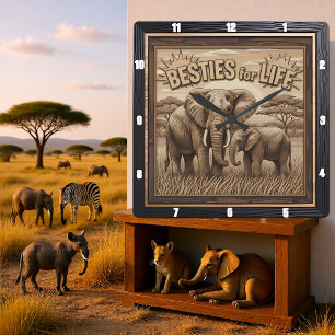Horloge Carrée Élément gravé Éléphant Mère Bébé Savannah