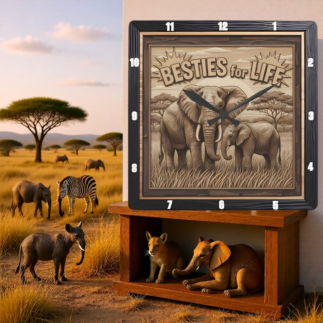 Horloge Carrée Élément gravé Éléphant Mère Bébé Savannah (Créateur téléchargé)