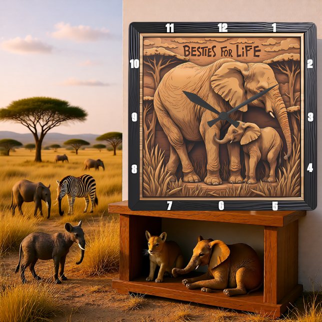 Horloge Carrée Élément gravé Mère bébé éléphant (Créateur téléchargé)