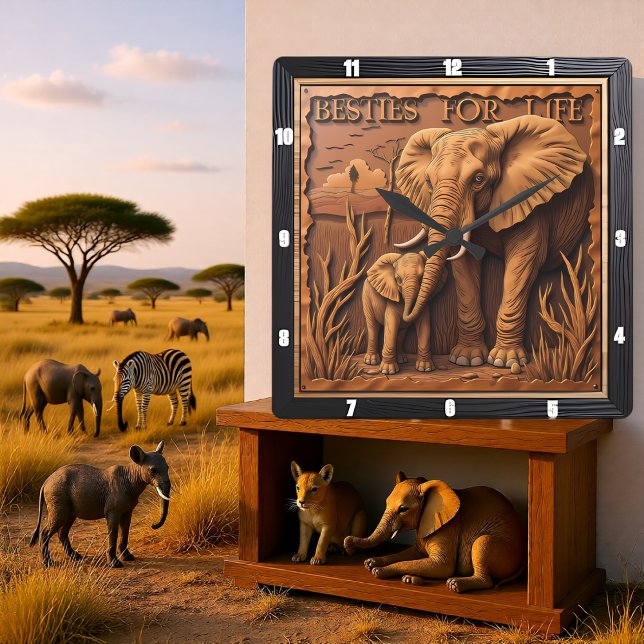 Horloge Carrée Élément Gravé Mère Éléphant Bébé Dans La Poussière (Créateur téléchargé)