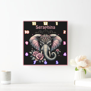 Horloge Carrée Elephant avec élégante illustration rose