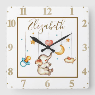 Horloge Carrée Éléphant bébé personnalisé mignon