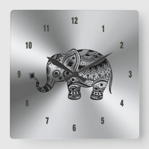 Horloge Carrée Eléphant Floral Noir Métallique Argent