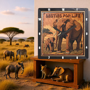 Horloge Carrée Éléphant Gravé Coucher de soleil Savannah