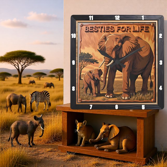 Horloge Carrée Éléphant Gravé Coucher de soleil Savannah (Créateur téléchargé)