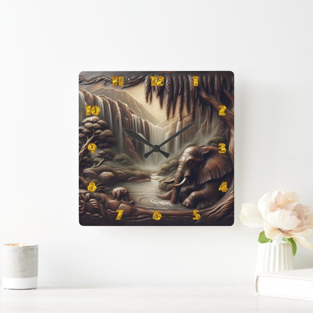 Horloge Carrée Eléphant majestueux par Cascade sereine à Dusk (Maison)