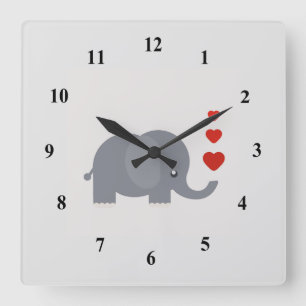 Horloge Carrée Éléphant mignon avec amour fantaisiste de coeurs