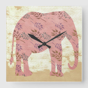 Horloge Carrée Éléphant rose avec le feuille