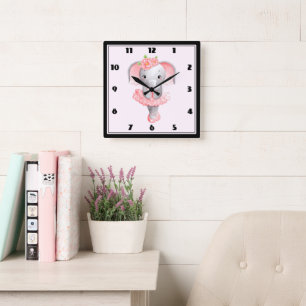 Horloge Carrée Eléphant rose et gris mou Ballerina