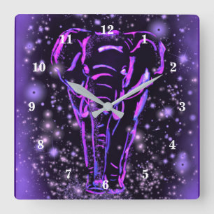 Horloge Carrée Eléphant Rose Violet Neon Marchant La Nuit étoilée