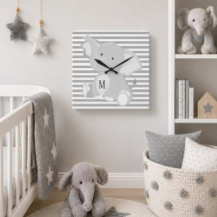 Horloge Carrée Éléphant tendance monogramme rayures grises et bla