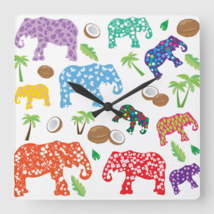 Horloge Carrée Eléphants tropicaux