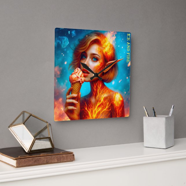 Horloge Carrée Elf crème glacée thème belle gaufre feu bleu (Bureau)