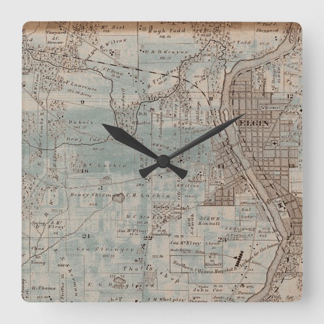 Horloge Carrée Elgin Illinois 1870 Plat Map Fox (Recto)