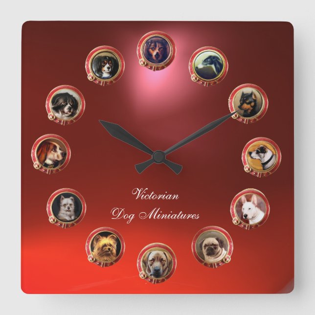 Horloge Carrée ÉMALLIES VICTORIENNES MINIATURES DE CHIENS Red Rub (Recto)