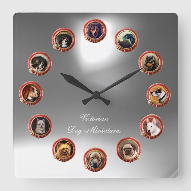 HORLOGE CARRÉE ÉMAUX VICTORIENS MINIATURES DE CHIENS EN PEINTURE  (Recto)