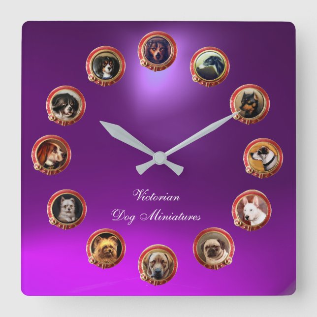 Horloge Carrée ÉMAUX VICTORIENS MINIATURES DE CHIENS Purple (Recto)