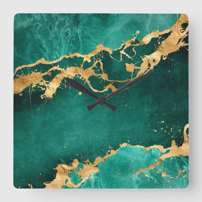 Horloge Carrée Emerald Green et Gold abstrait (Recto)