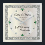 Horloge Carrée Emeralds | Diamonds 35th Wedding Anniversary<br><div class="desc">Opulent elegance frames this 35th wedding anniversary design in a unique scalloped diamond design with diamond and emerald look accents in lieu of numbers and faux added sparkles on a white gold-tone. Please note that all embellishments are printed and are only made to appear as real as possible in a...</div>