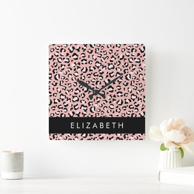 Horloge Carrée Empreinte de léopard, Spots, Leopard Rose, Votre N (Maison)