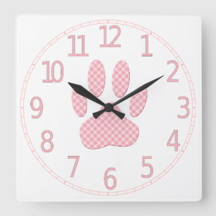 Horloge Carrée Empreinte de patte Tartan Rose Et Blanc