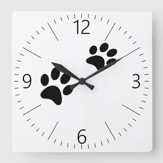 Horloge Carrée Empreintes de pattes de chat noir sur blanc (Recto)
