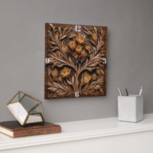 Horloge Carrée En Bois De L'Australie Kangaroo Paw Flower Carving