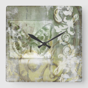 Horloge Carrée Encart vert de papillon avec la porte de