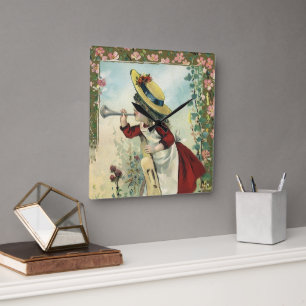 Horloge Carrée Enfant victorienne vintage, fille soufflant dans u