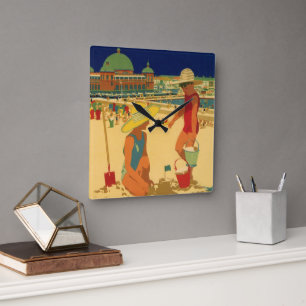 Horloge Carrée Enfants vintage, sœurs en vacances familiales à la