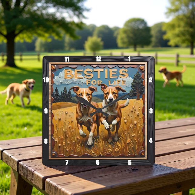 Horloge Carrée Engraved Dog Pair Blue Sky Field (Créateur téléchargé)