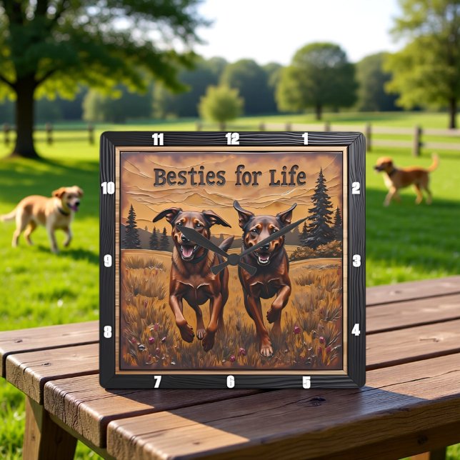 Horloge Carrée Engraved Dog Pair Happy Forest (Créateur téléchargé)