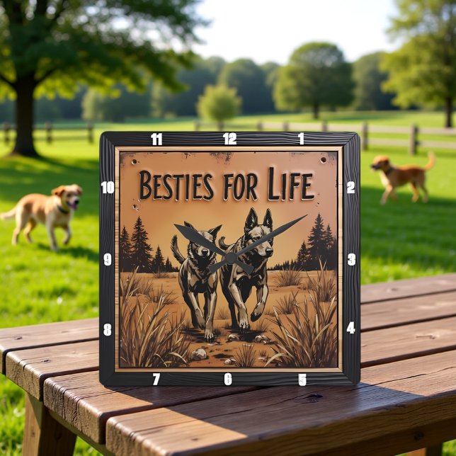 Horloge Carrée Engraved Dog Pair Outback Field (Créateur téléchargé)