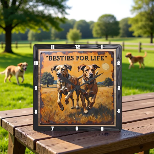 Horloge Carrée Engraved Dog Pair Sunset Field (Créateur téléchargé)
