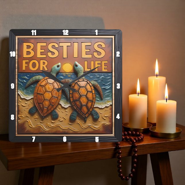 Horloge Carrée Engraved Turtle Pair Colorful Beach (Créateur téléchargé)
