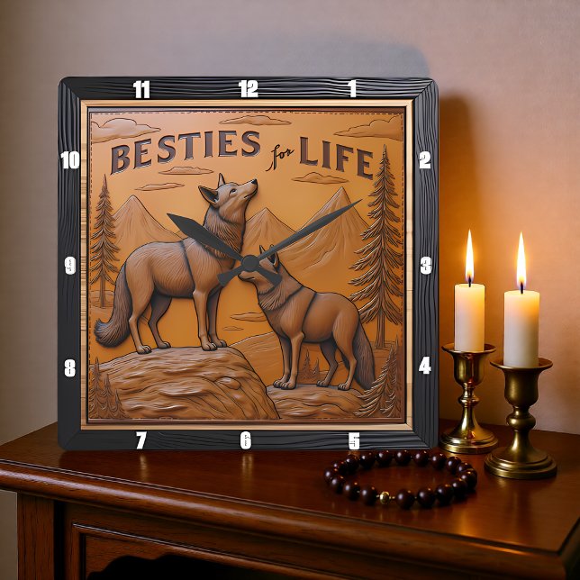 Horloge Carrée Engraved Wolf Pair Mountain Pine (Créateur téléchargé)