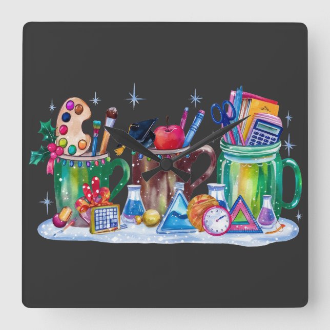 Horloge Carrée Enseignant Noël | Tasse Joyeux Enseignant (Recto)