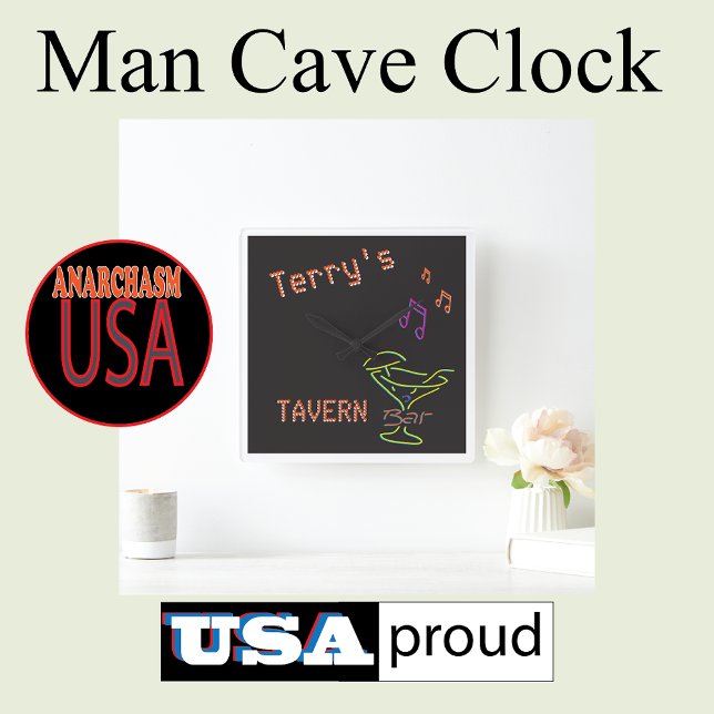 Horloge Carrée Enseigne au néon personnalisée Faux Mancave Tavern (Créateur téléchargé)