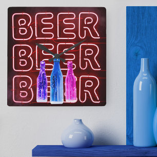 Horloge Carrée Enseigne de bière LED néon rouge