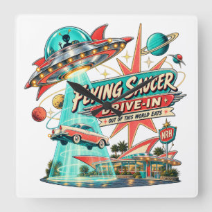 Horloge Carrée Enseigne de Cinéma Drive-In Vintage Saucisse Volan