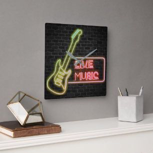 Horloge Carrée Enseigne de guitare au néon sur brique