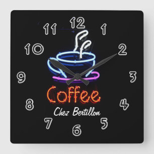Horloge Carrée Enseigne néon personnalisée Café Coffee