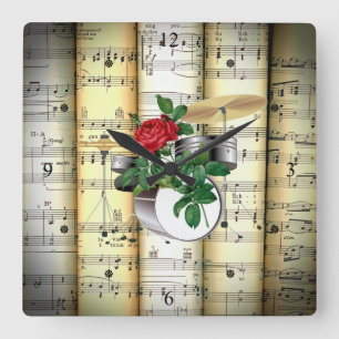 Horloge Carrée Ensemble de tambour et Rose ~ Partition roulée ~ G